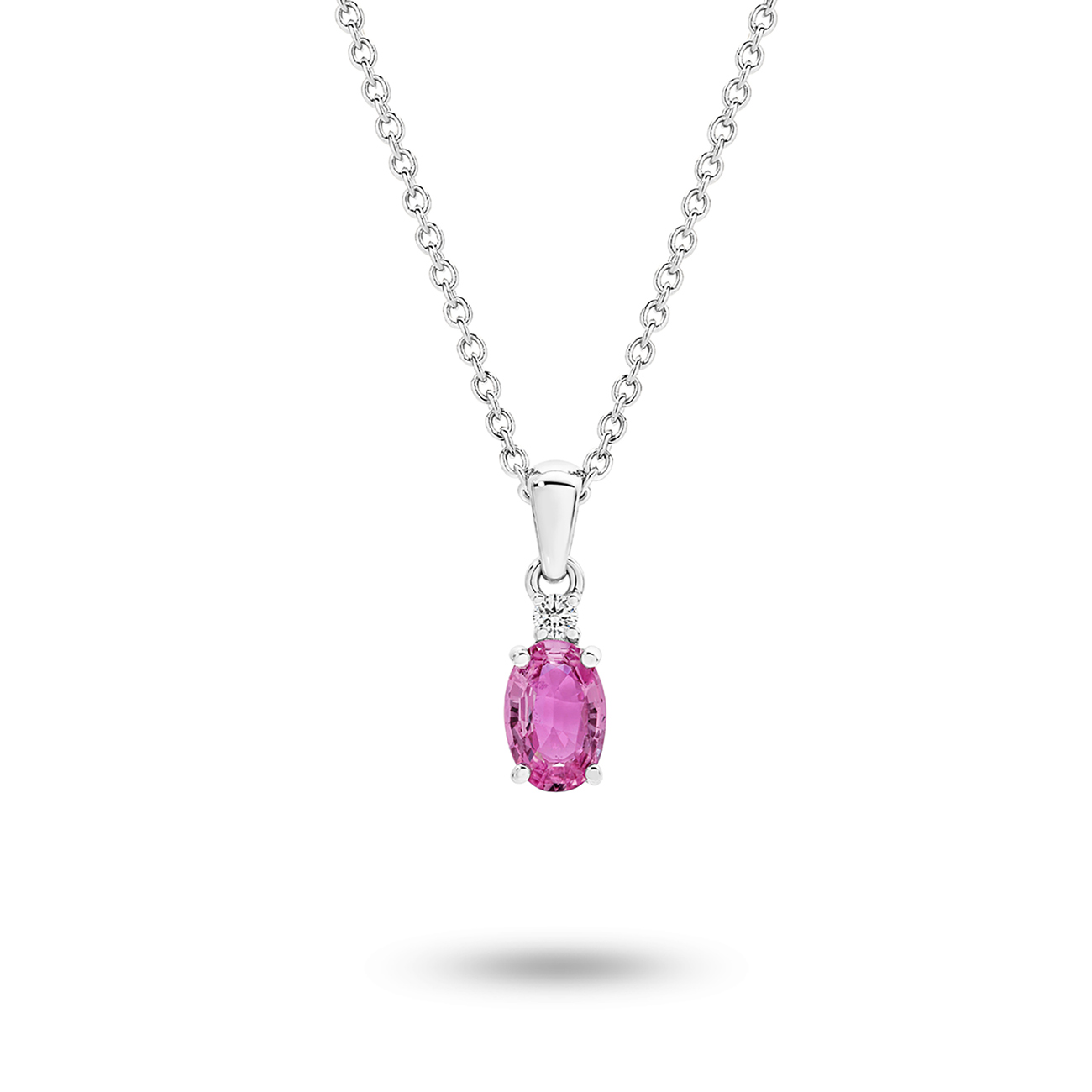 18K White Gold Oval Shape Pink Sapphire & Diamond Drop Pendant