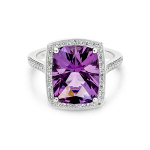 Cushion Cut Amethyst & Diamond Cocktail Ring In 18K White Gold