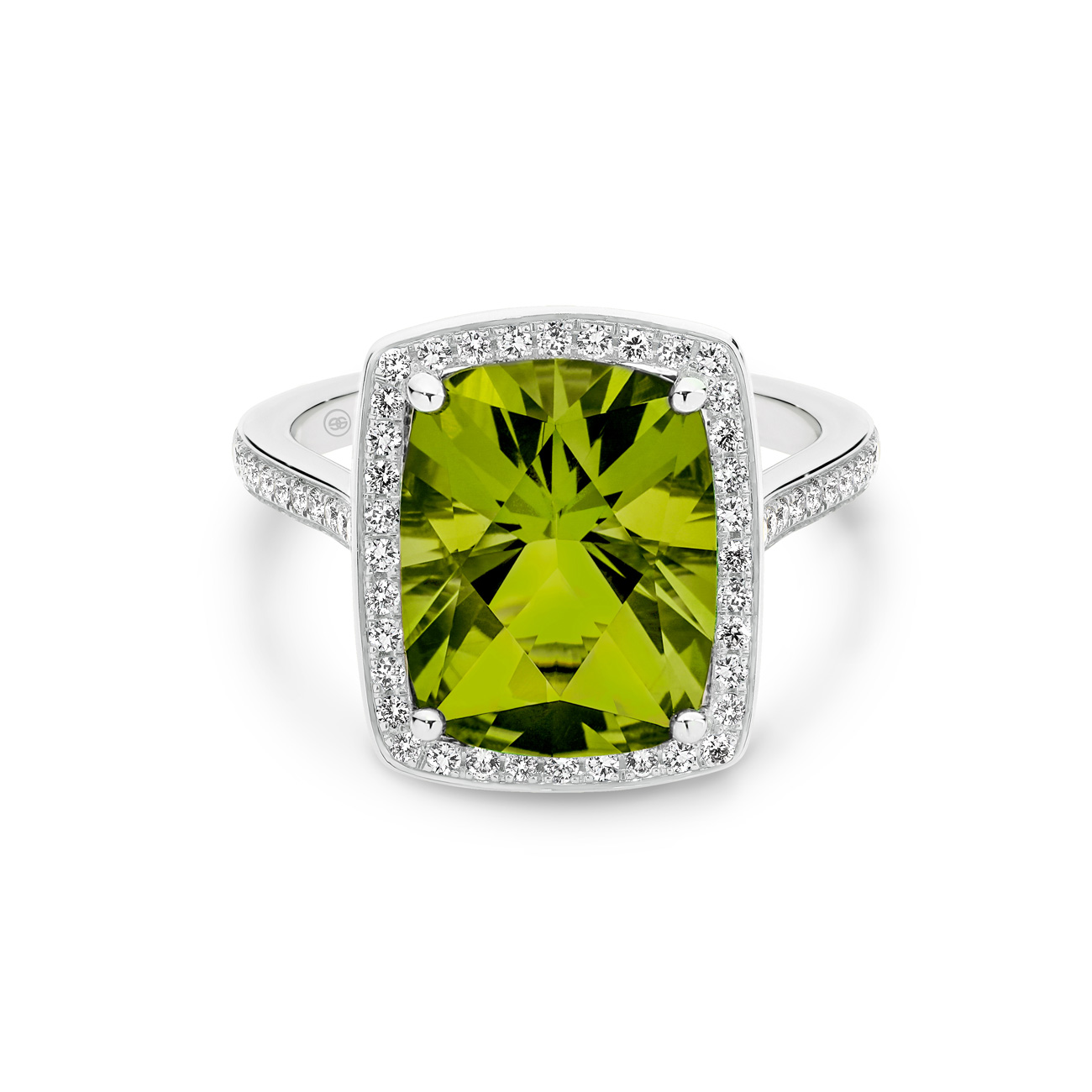 Cushion Cut Peridot &#038; Diamond Cocktail Ring In 18K White Gold