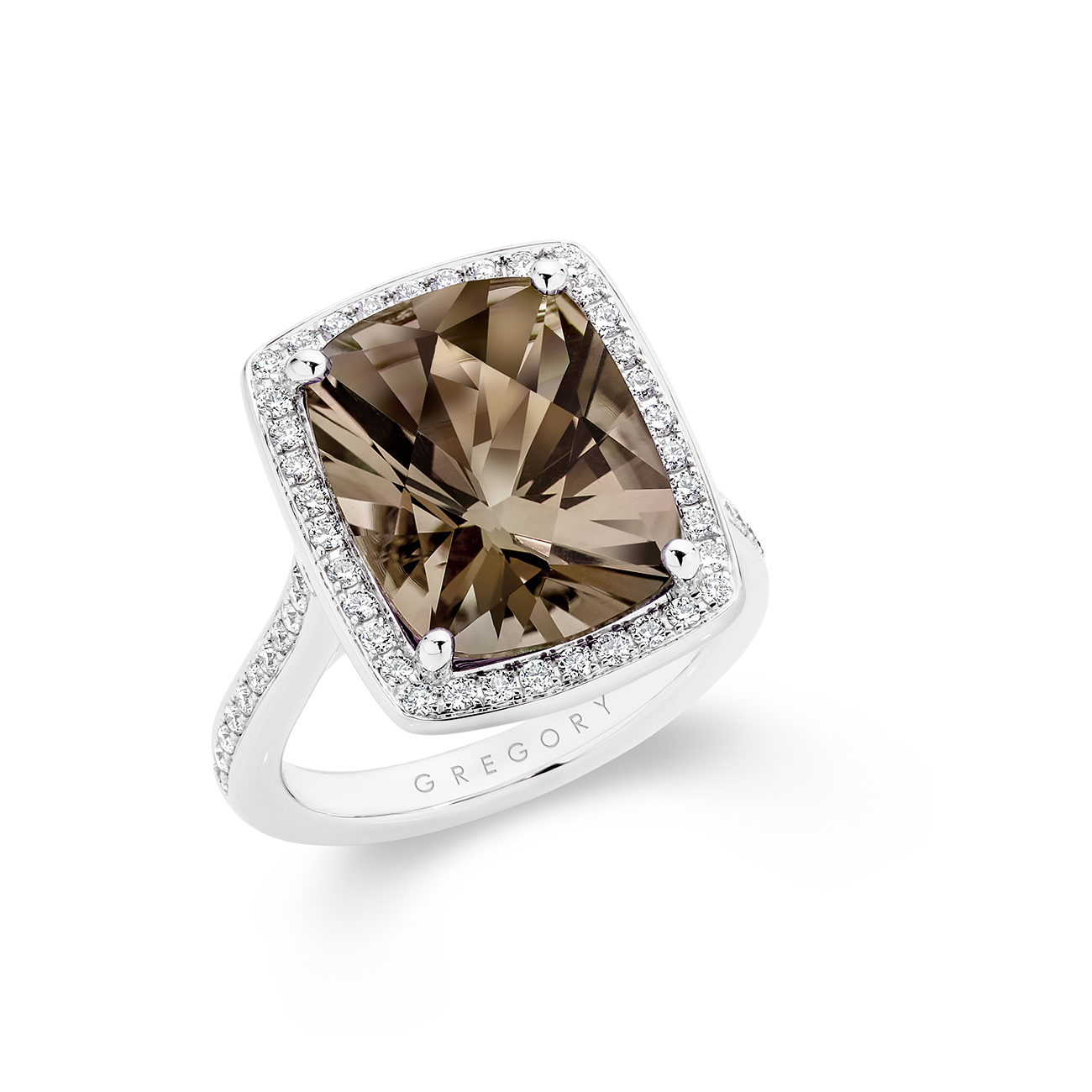 Cushion Cut Smokey Quartz &#038; Diamond Cocktail Ring In 18K White Gold