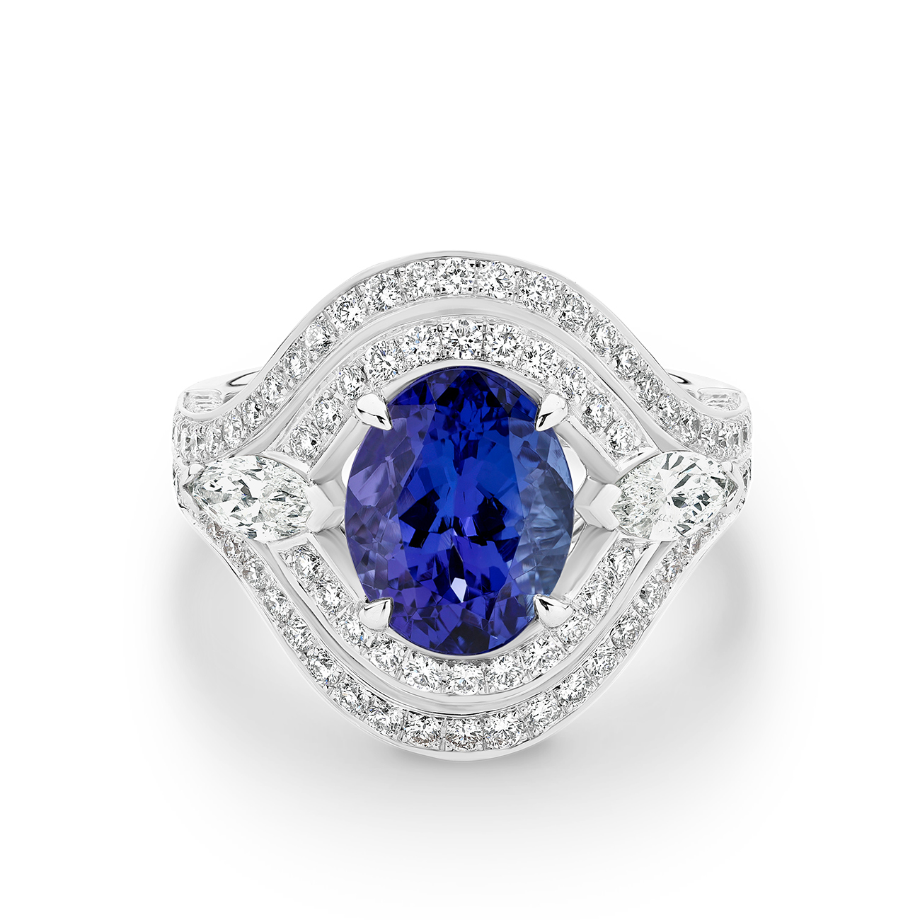 18K White Gold Tanzanite & Diamond Fancy Double Halo Ring