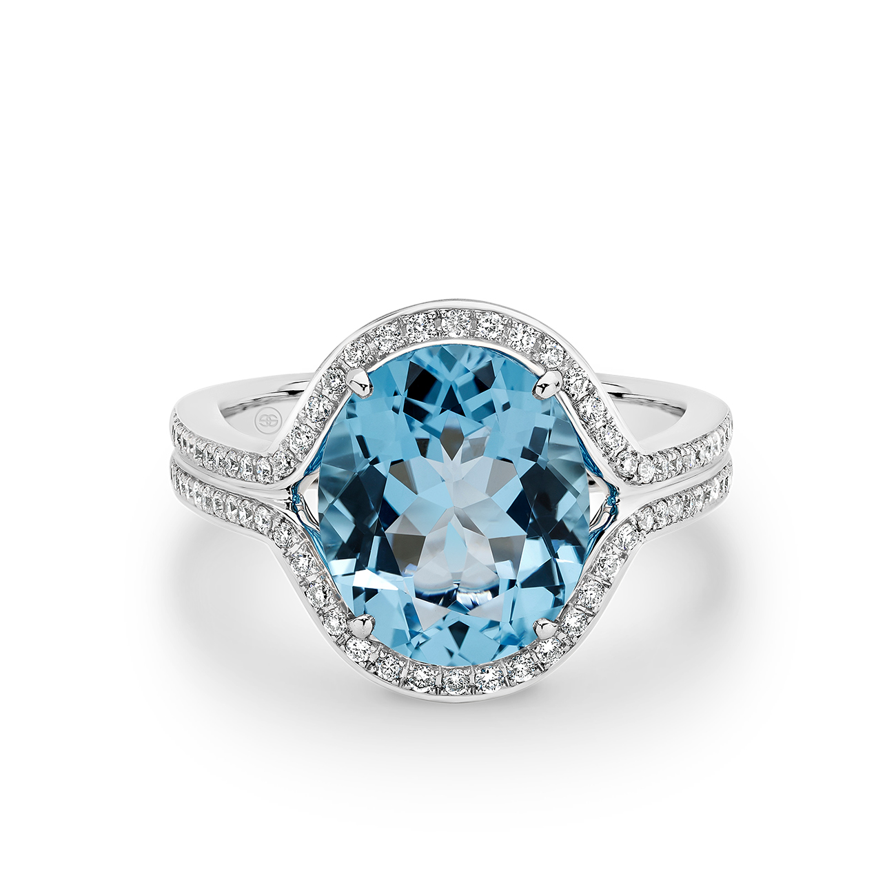 18K White Gold Oval Shape Blue Topaz &#038; Diamond Halo Dress Ring