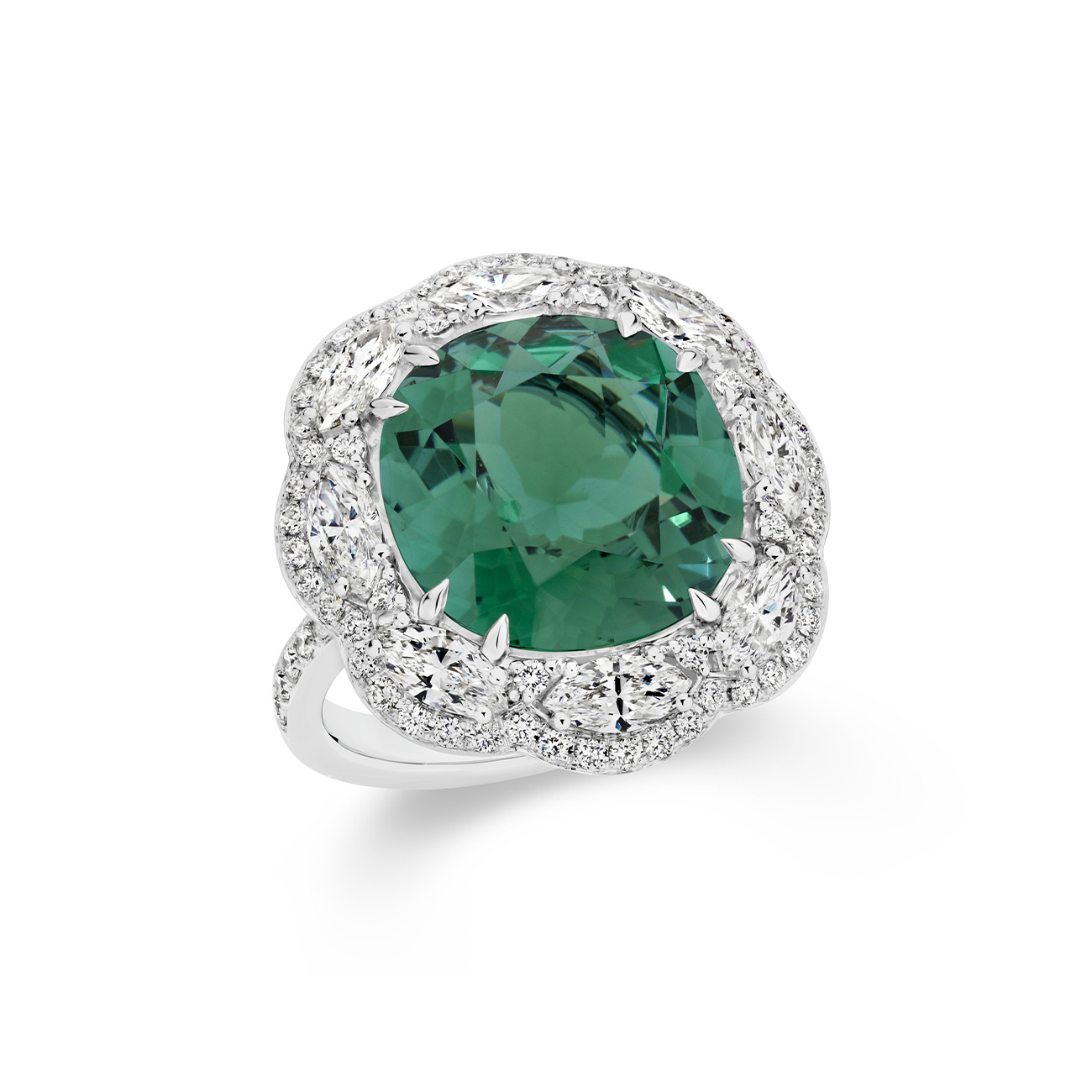18K White Gold Green Tourmaline &#038; Diamond Fancy Halo Cocktail Ring