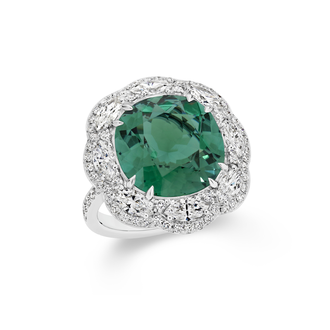 Cushion Cut Green Tourmaline &#038; Diamond Cocktail Ring In 18K White Gold