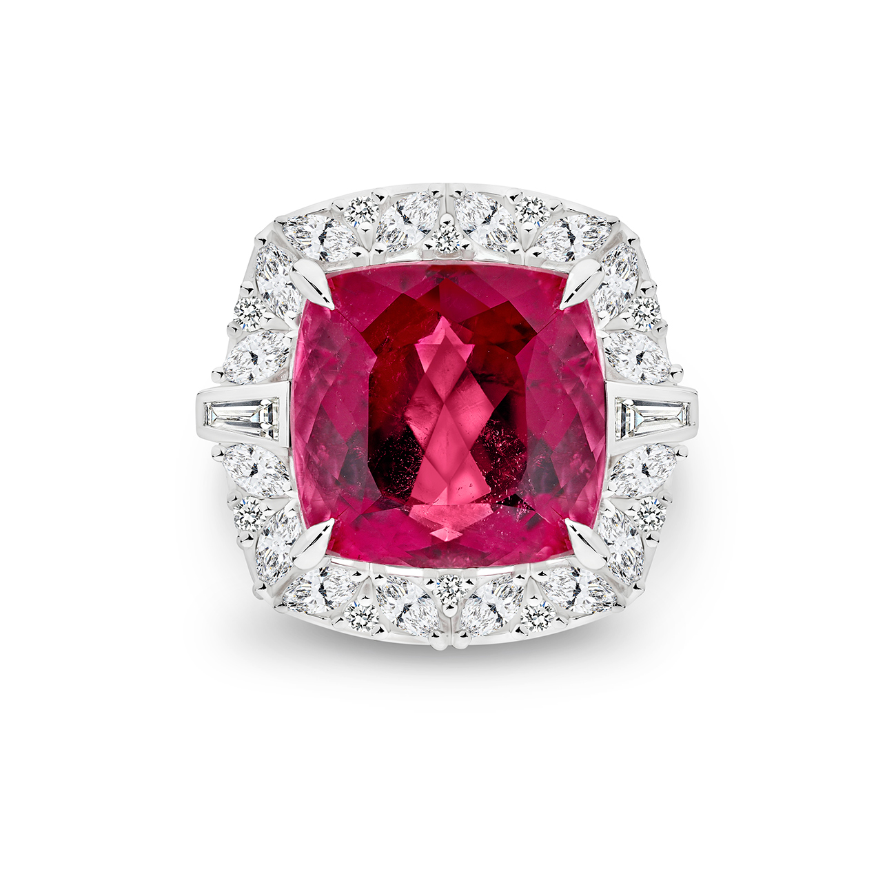 Cushion Cut Rubellite &#038; Diamond Cocktail Ring In 18K White Gold