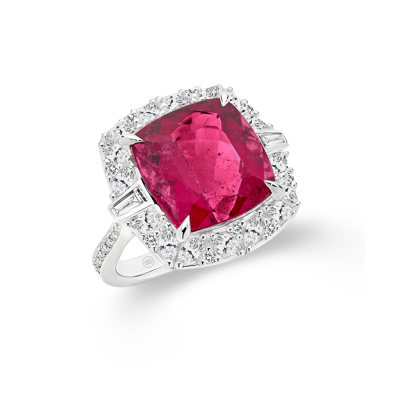 Cushion Cut Rubellite &#038; Diamond Cocktail Ring In 18K White Gold