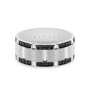 18K White Gold Mens Block Patterned Double Row Black Diamond Band