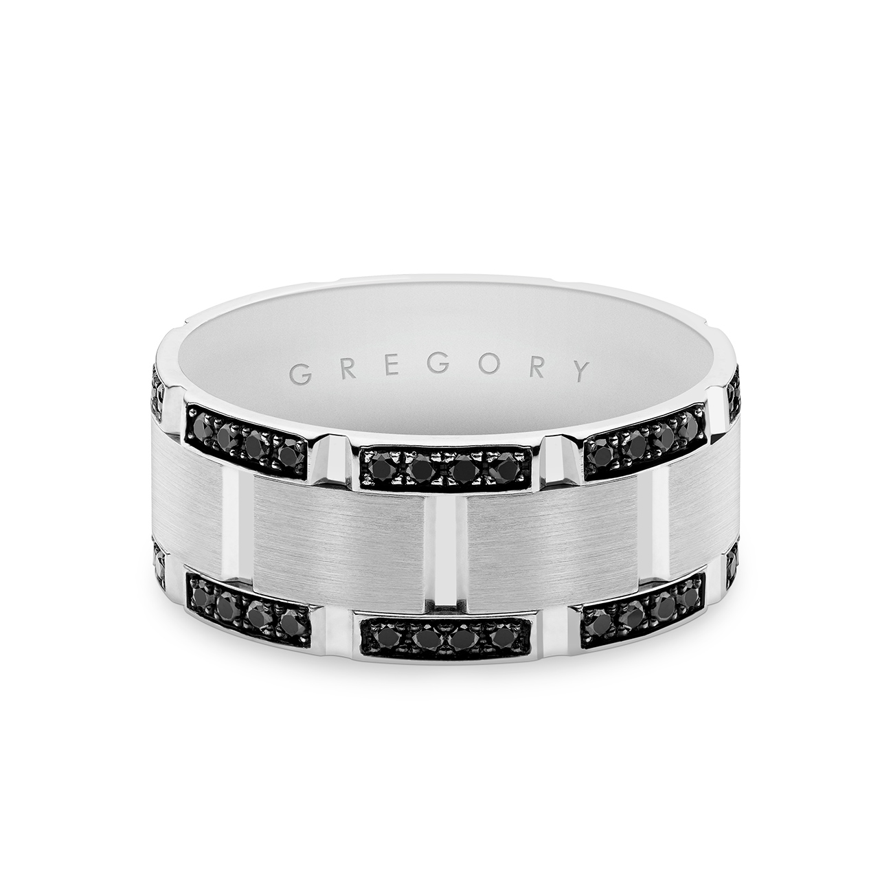 White Gold Mens Block Patterned Double Row Black Diamond Band