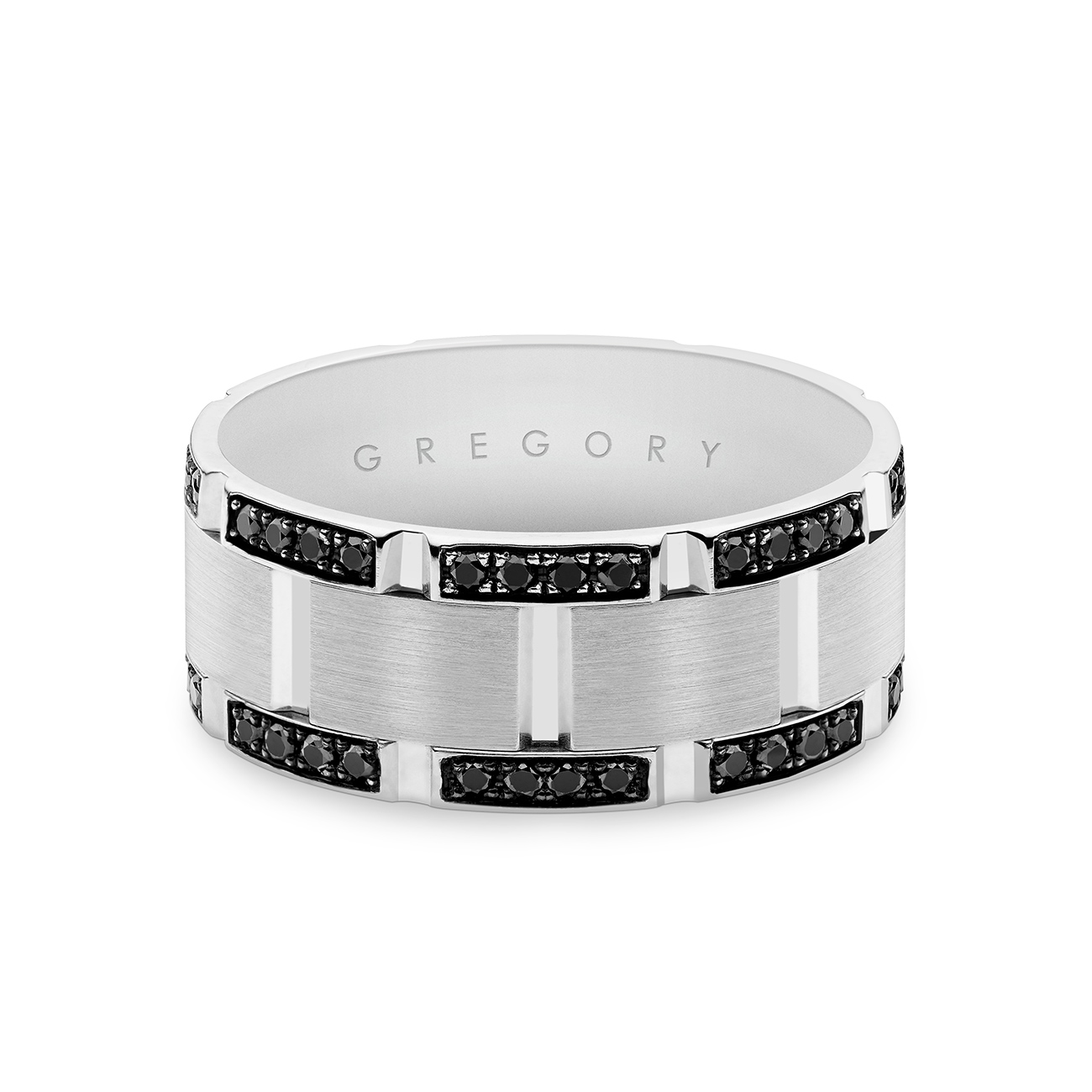 18K White Gold Mens Block Patterned Double Row Black Diamond Band