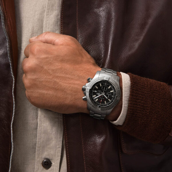 Breitling Super Avenger Chronograph 48mm watch with a black dial and stainless steel bracelet