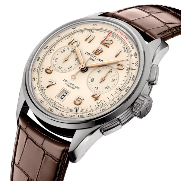 Breitling Premier B01 Chronograph 42mm AB0145211G1P1 with beige dial and brown alligator leather strap