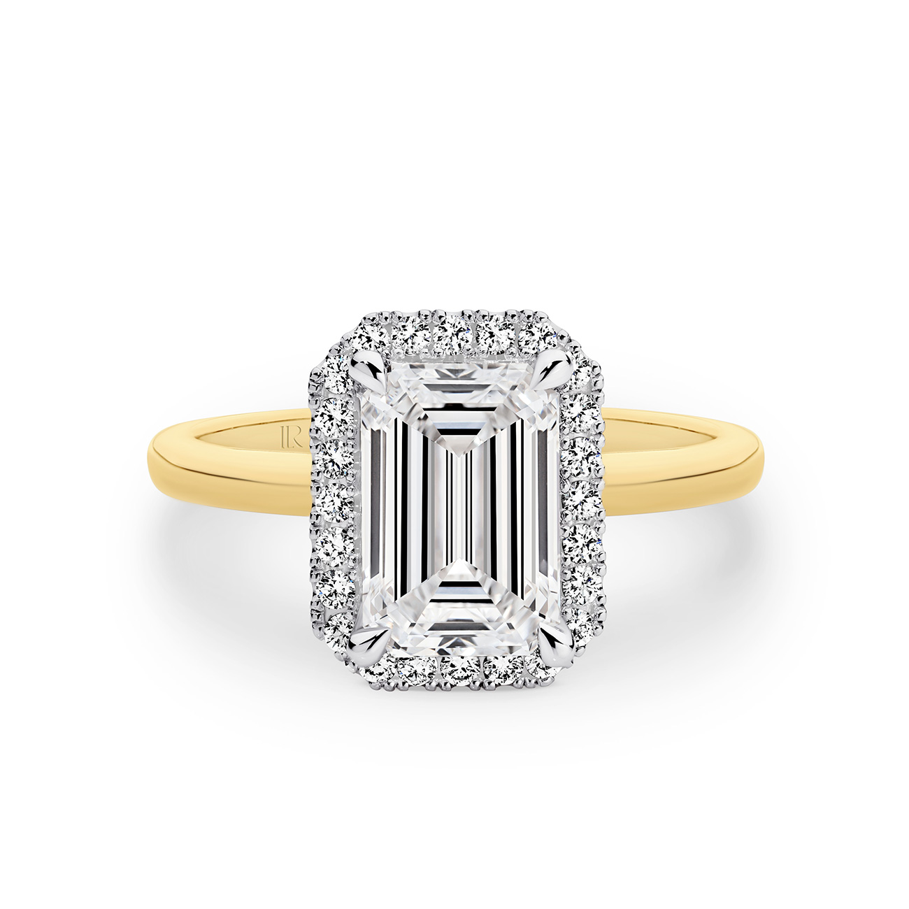 Infinity Emerald Cut Lab Diamond Halo Engagement Ring In 18K Yellow Gold