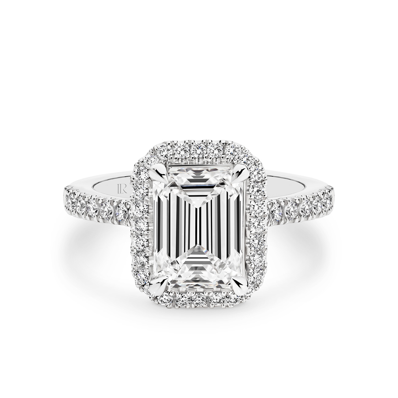 Infinity Emerald Cut Lab Diamond Halo Engagement Ring In 18K White Gold