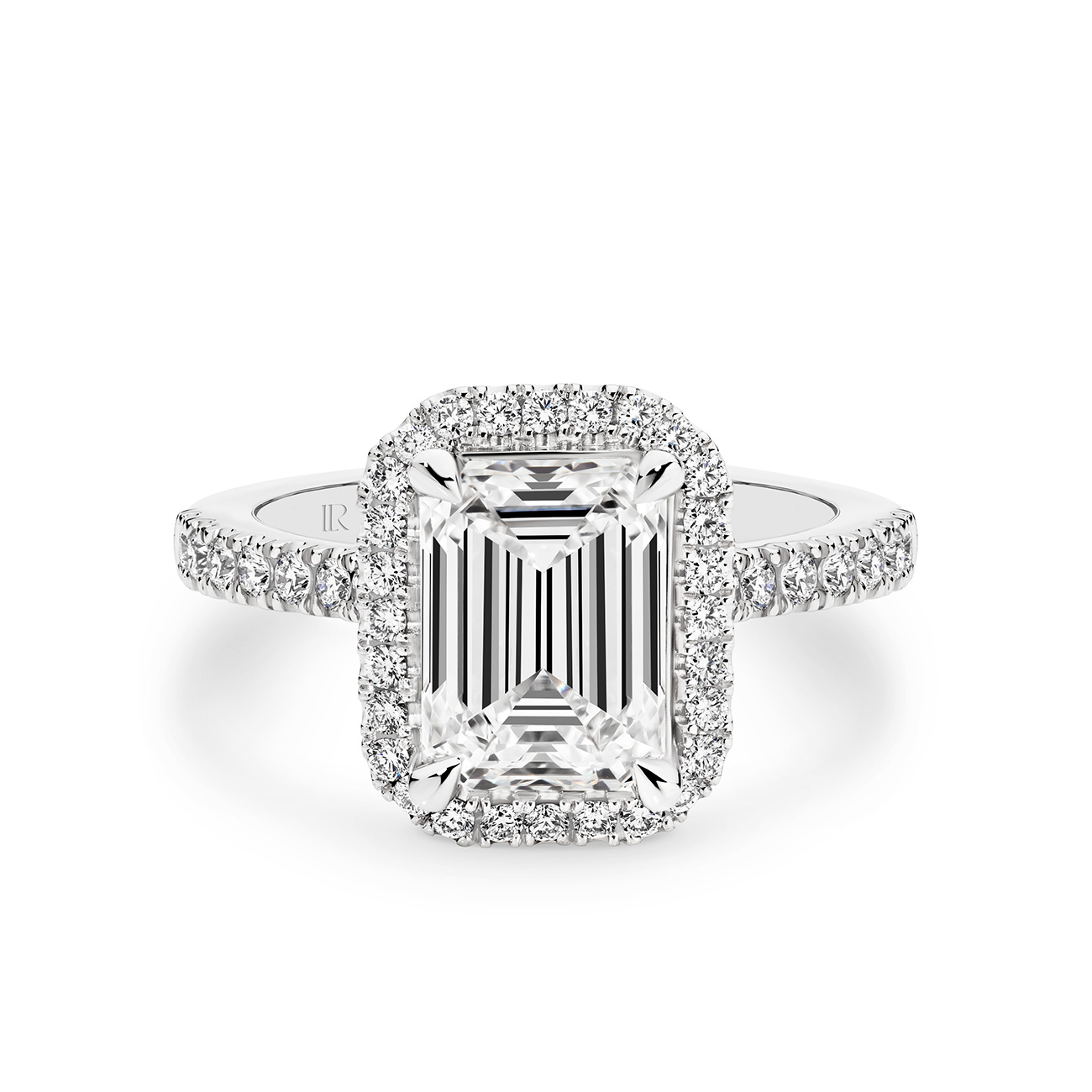 Infinity Emerald Cut Lab Diamond Halo Engagement Ring In 18K White Gold