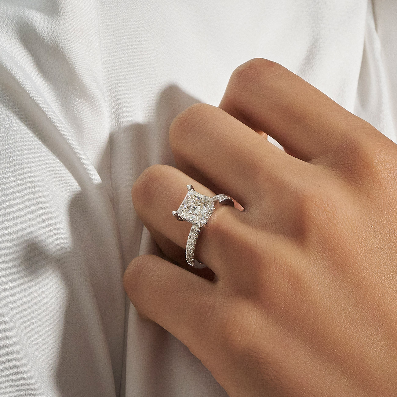 Destiny Princess Cut Lab Diamond Hidden Halo Engagement Ring In 18K White Gold
