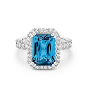 18K White Gold Tycoon 8 London Blue Topaz & Diamond Halo Cocktail Ring