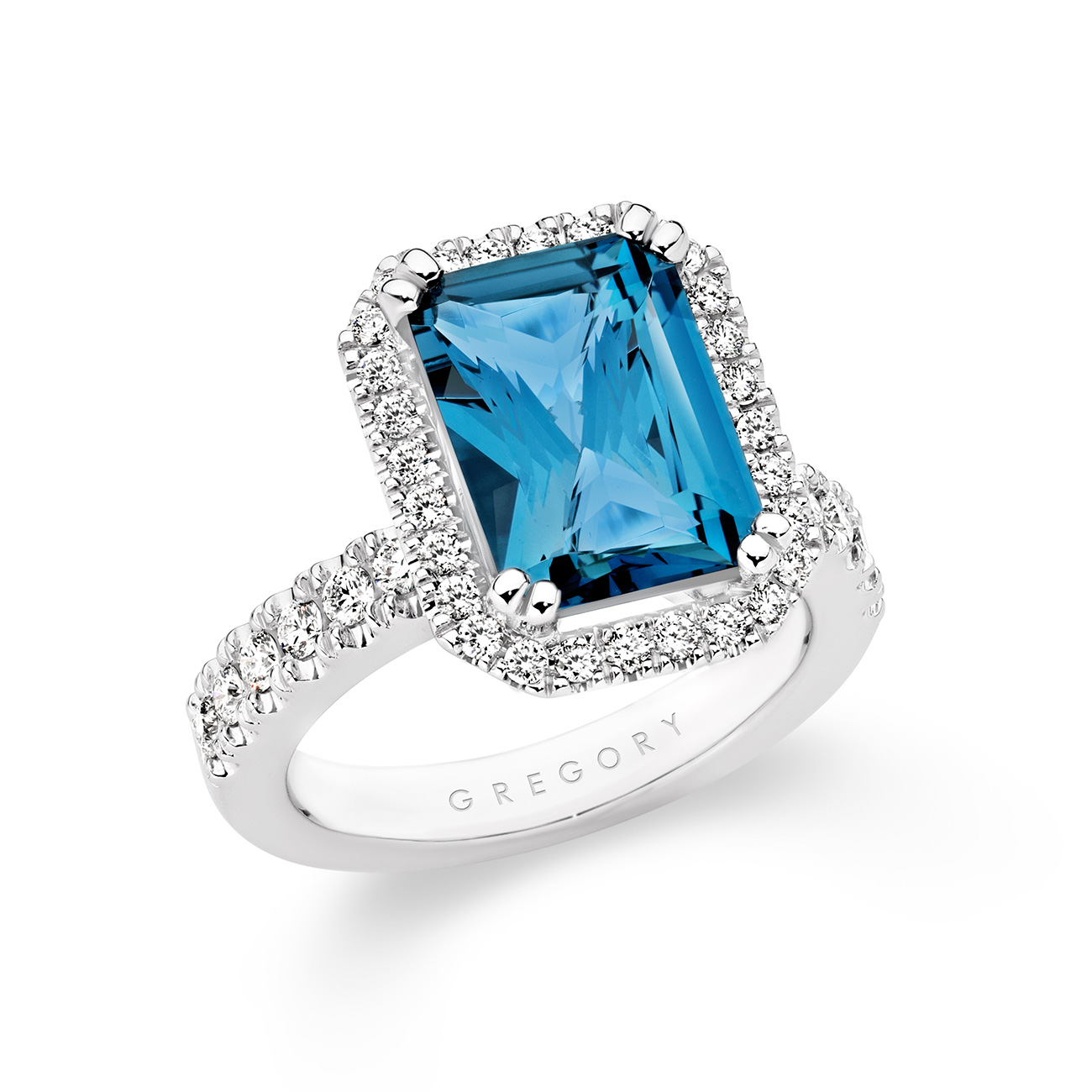 18K White Gold Tycoon 8 London Blue Topaz &#038; Diamond Halo Cocktail Ring