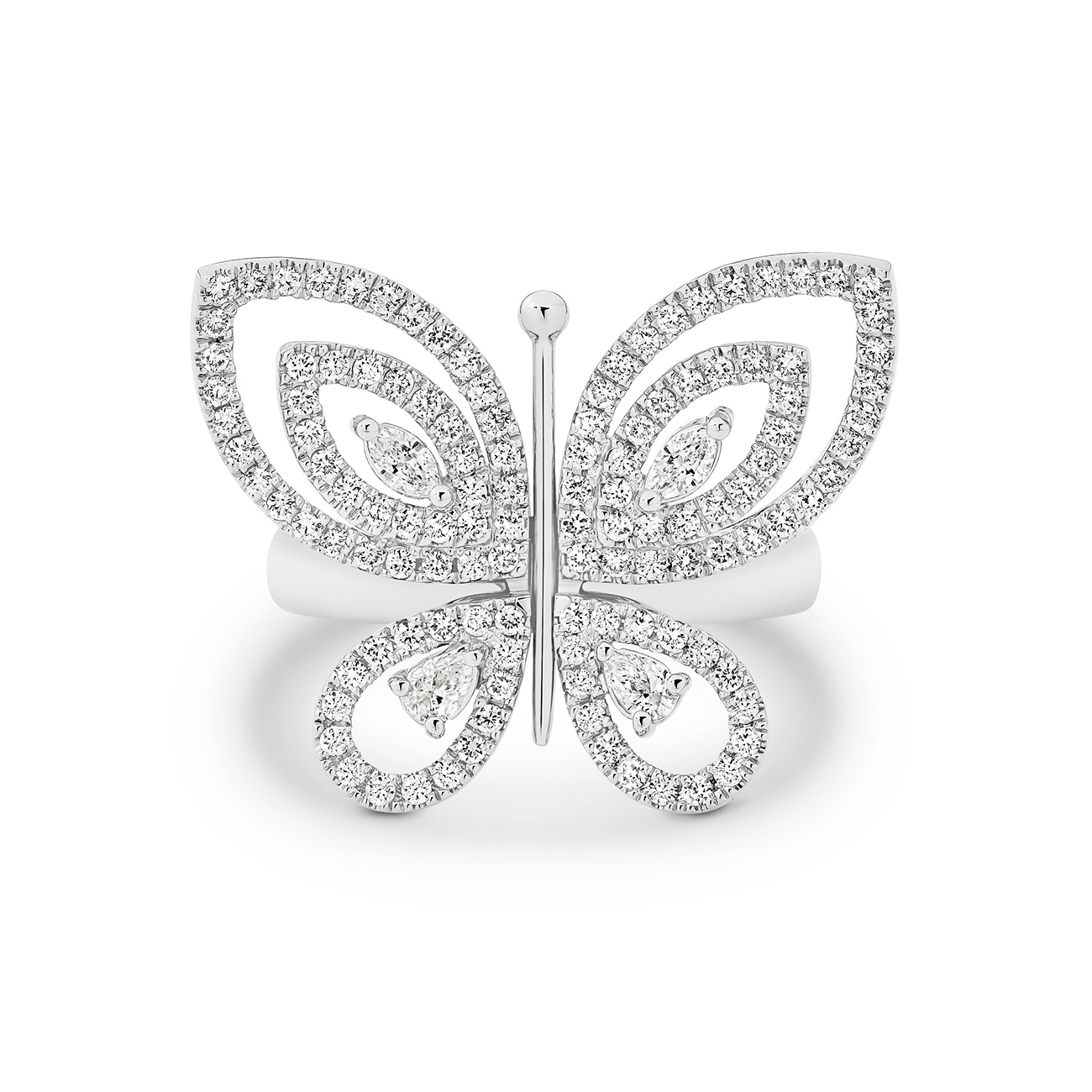 Round Brilliant Diamond Butterfly Ring In 18K White Gold