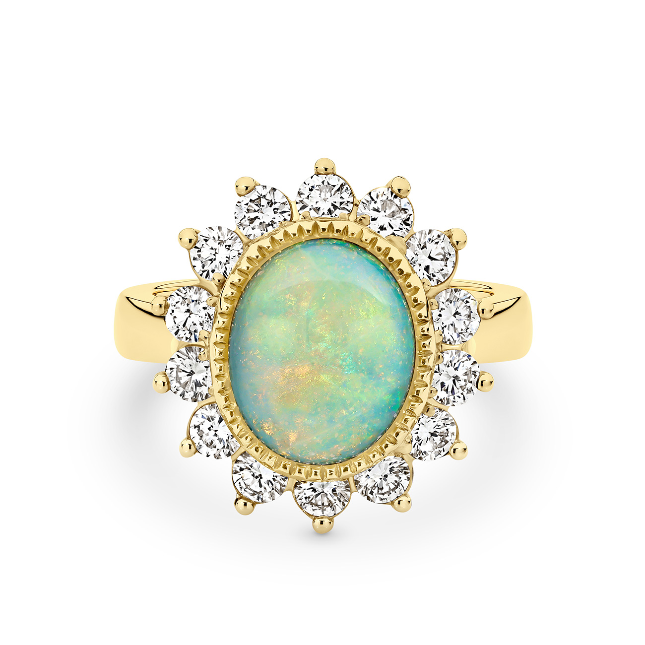 Oval Shape Opal &#038; Round Brilliant Diamond Claw Set Cluster Ring In 18K Yellow Gold