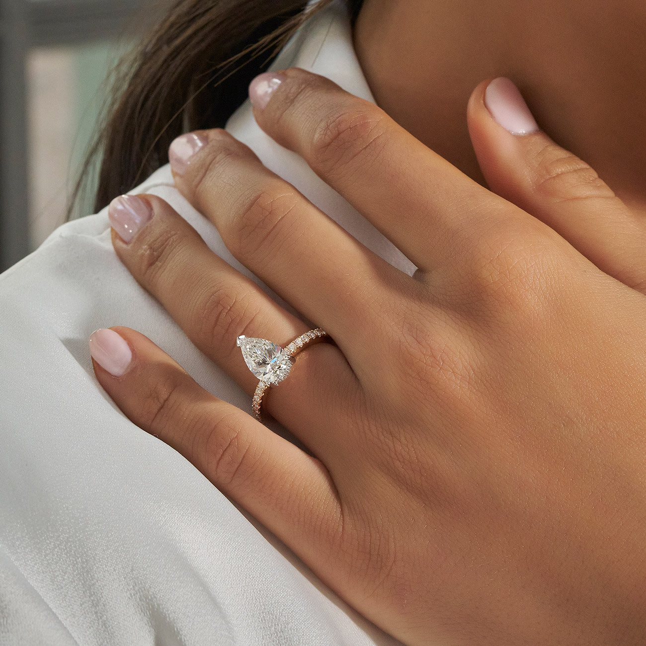 Destiny Pear Brilliant Lab Diamond Hidden Halo Engagement Ring In 18K Rose Gold