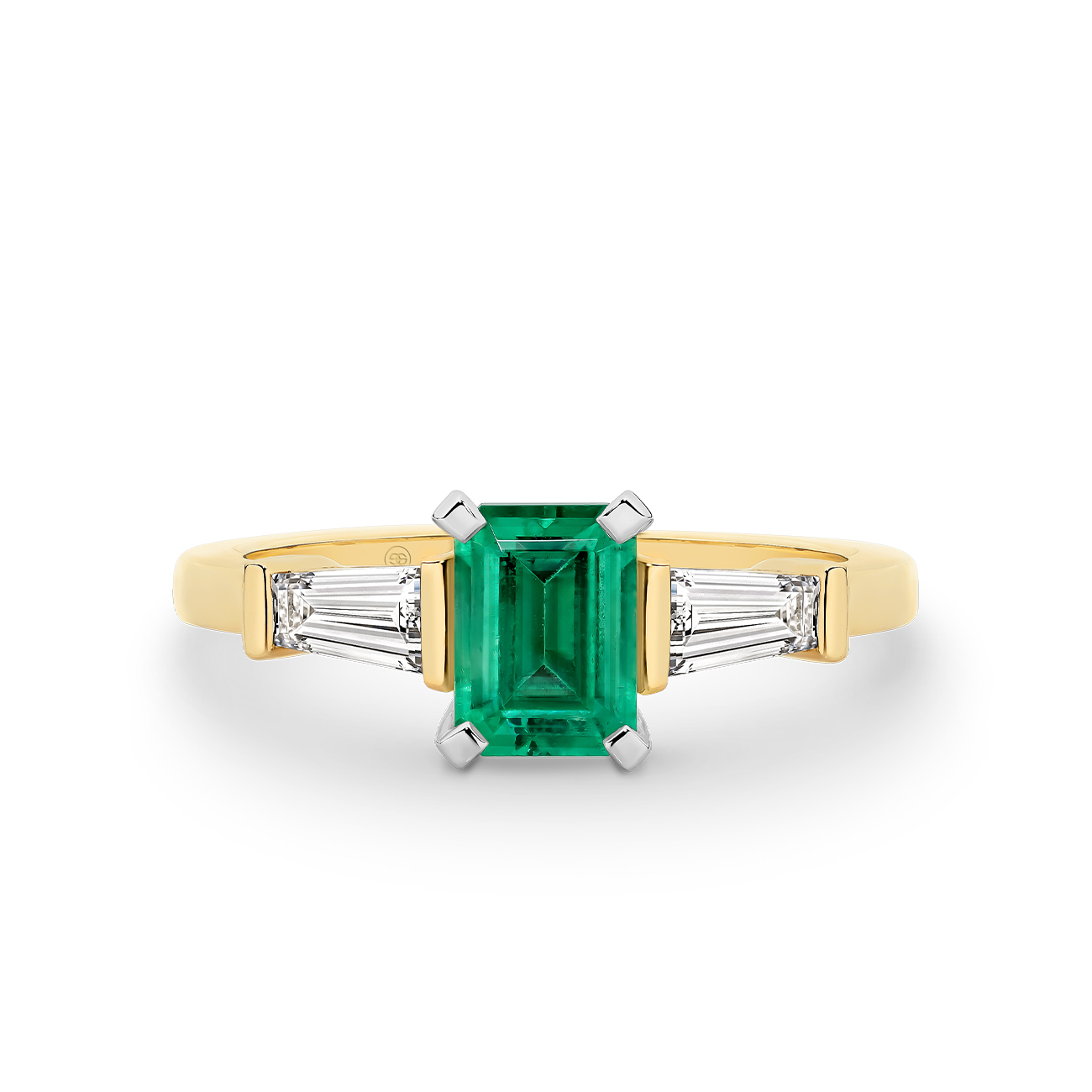 Green Emerald and Diamond Trilogy Ring In 18K Yellow Gold