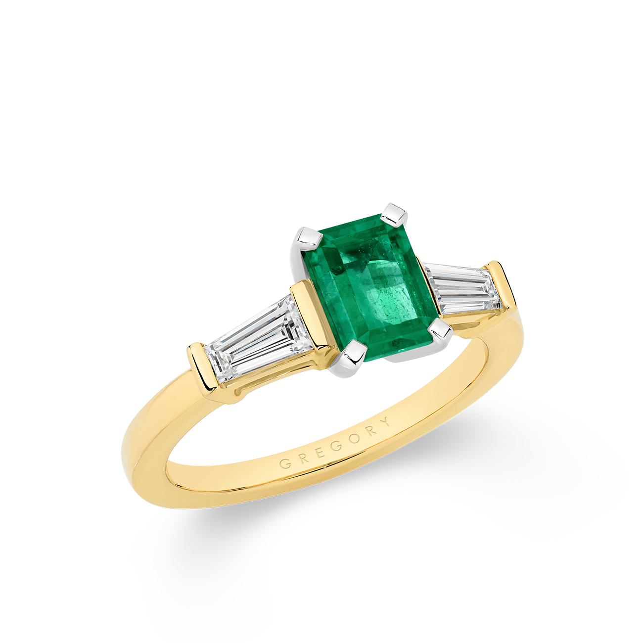 Green Emerald and Diamond Trilogy Ring In 18K Yellow Gold
