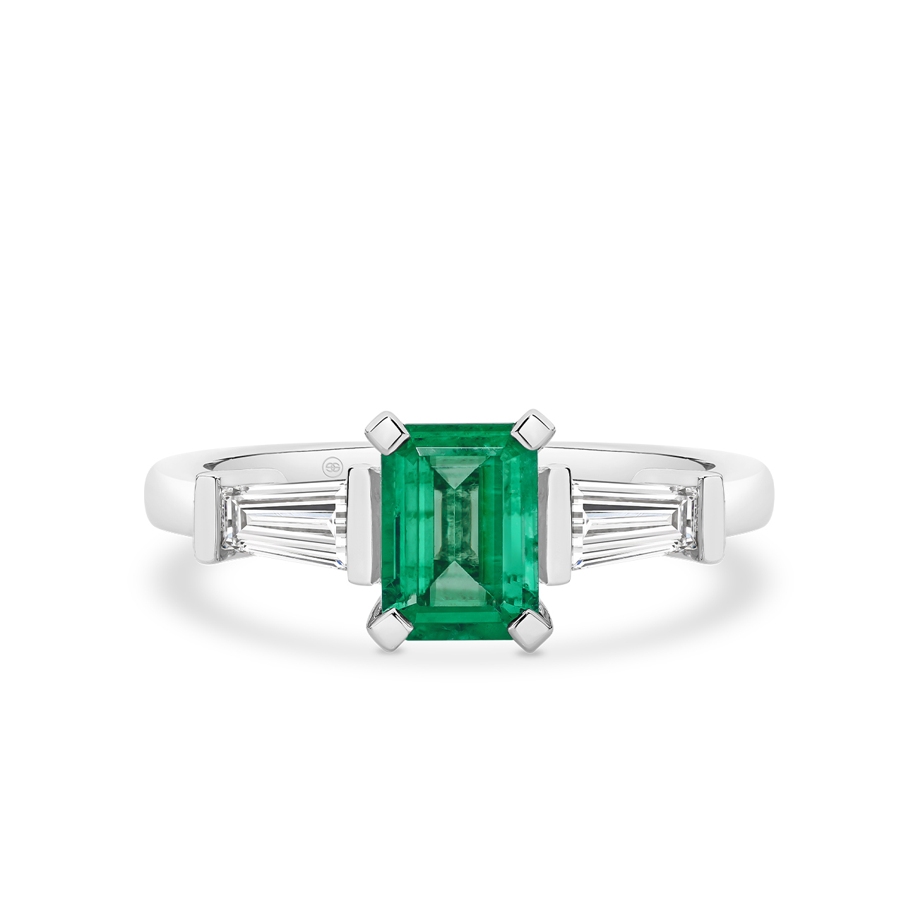 Green Emerald and Diamond Trilogy Ring In 18K White Gold