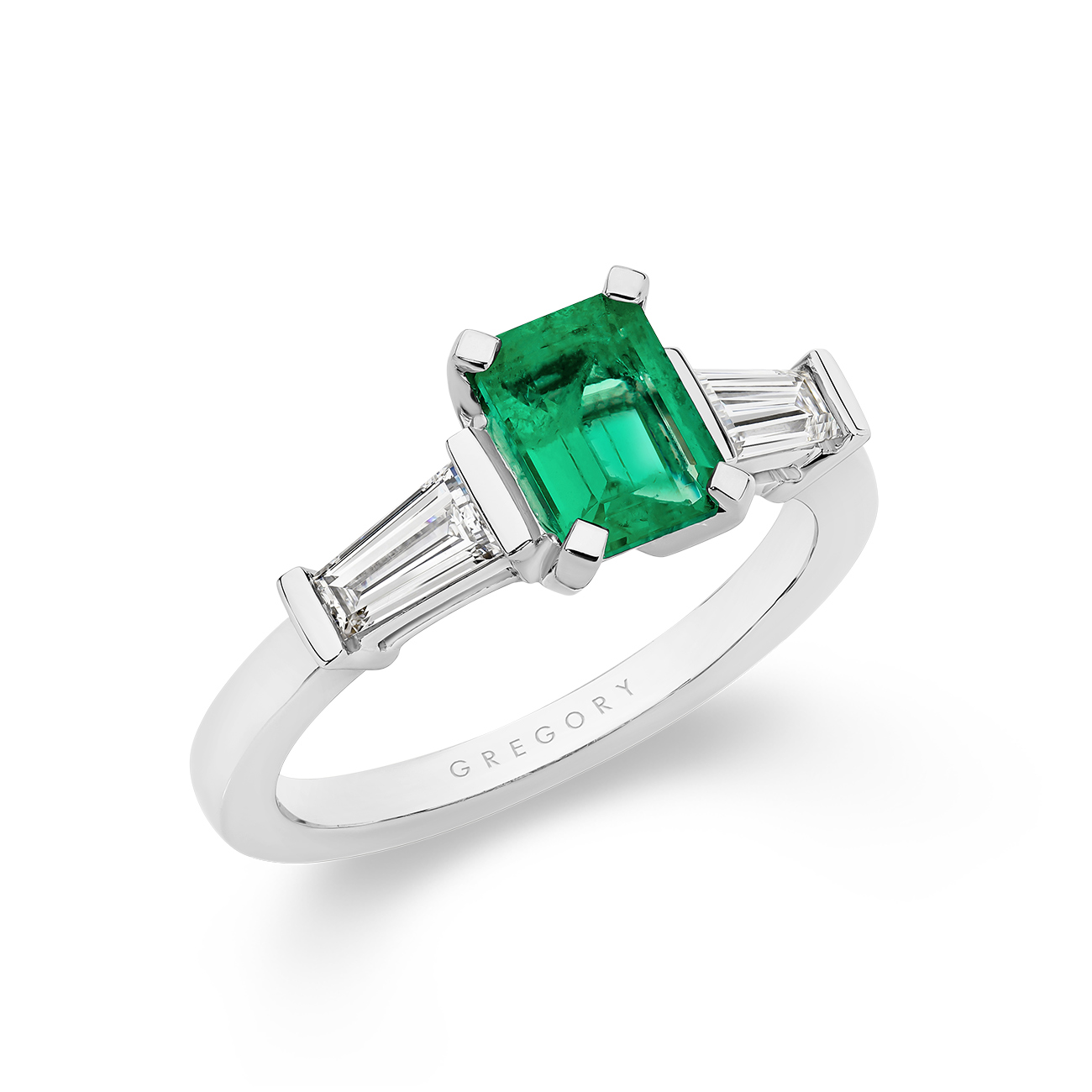Green Emerald and Diamond Trilogy Ring In 18K White Gold