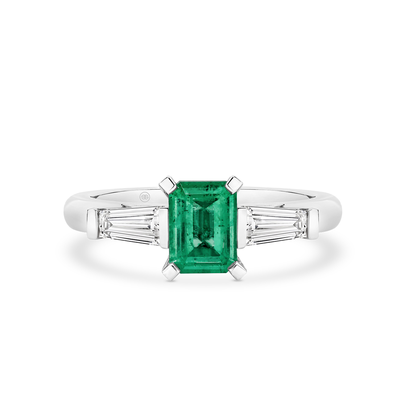 Green Emerald and Diamond Trilogy Ring In 18K White Gold