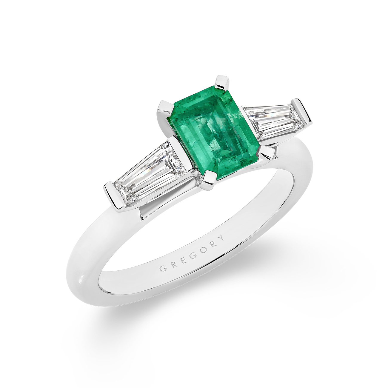Green Emerald and Diamond Trilogy Ring In 18K White Gold