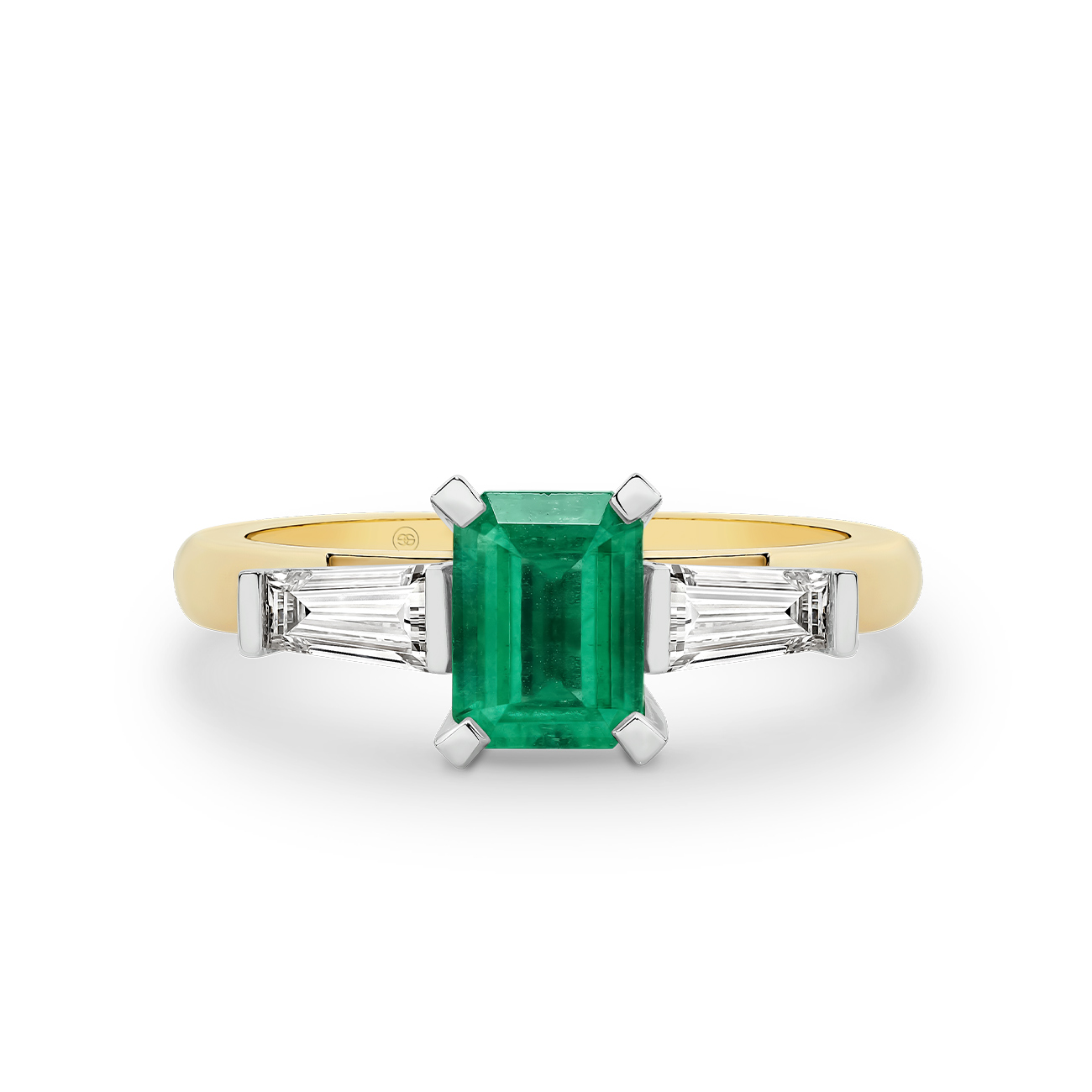 Green Emerald and Diamond Trilogy Ring In 18K Yellow Gold