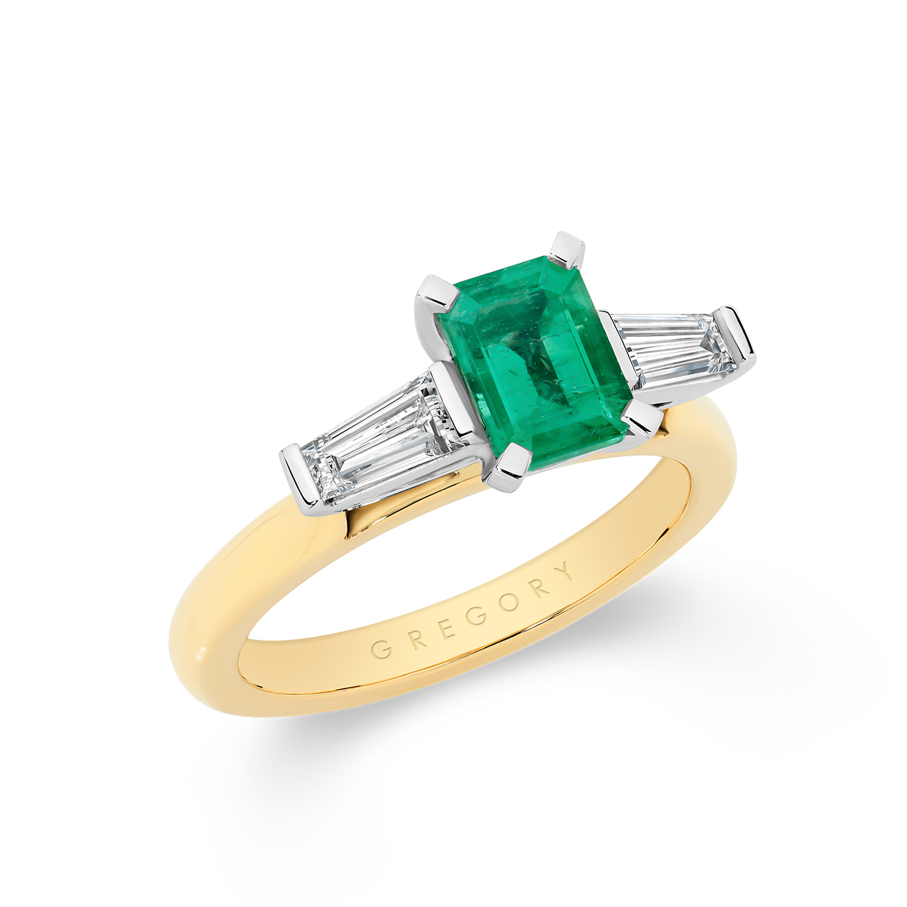 Green Emerald and Diamond Trilogy Ring In 18K Yellow Gold