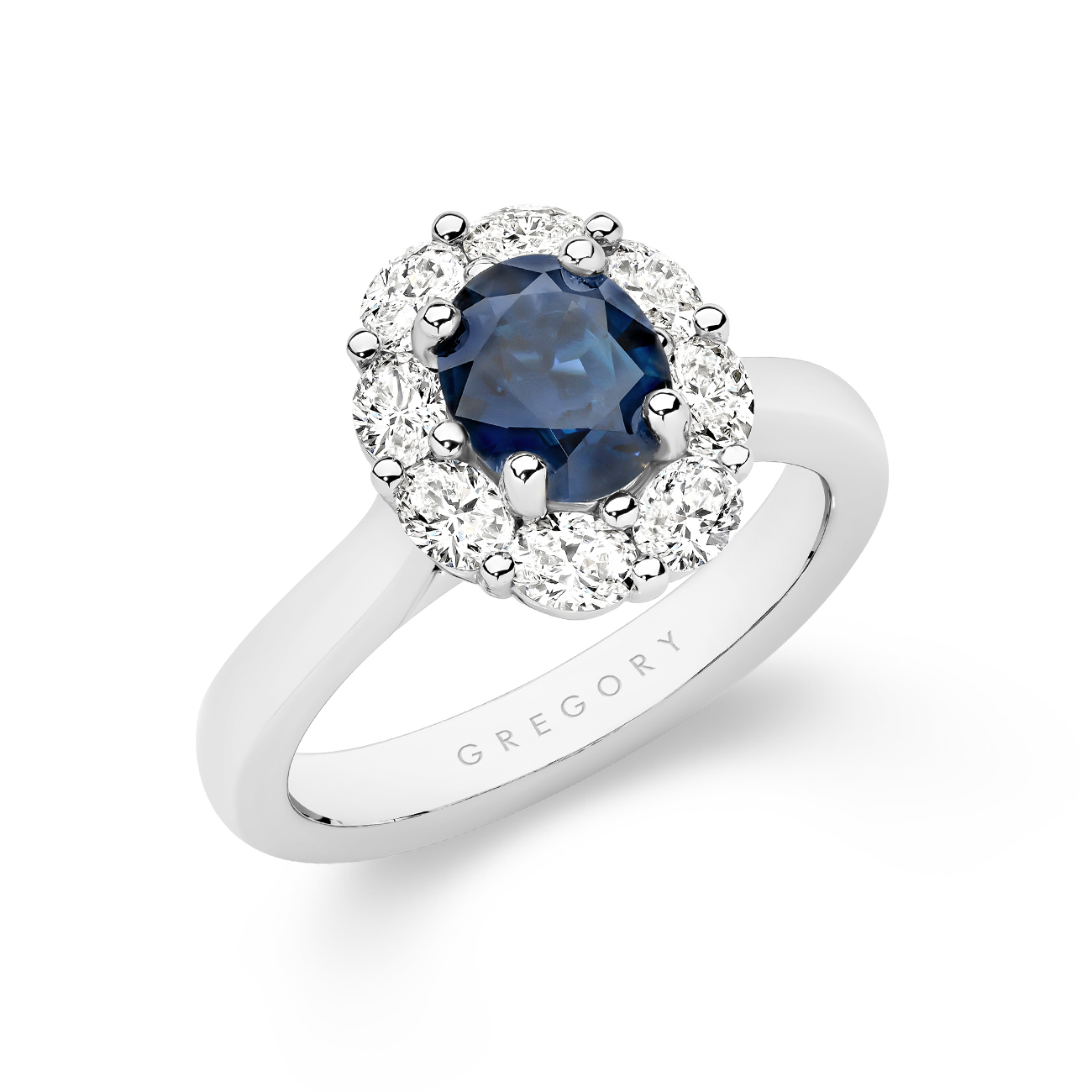 Icon Oval Blue Sapphire and Oval Diamond Cluster Ring In 18K White Gold &#8211; Small