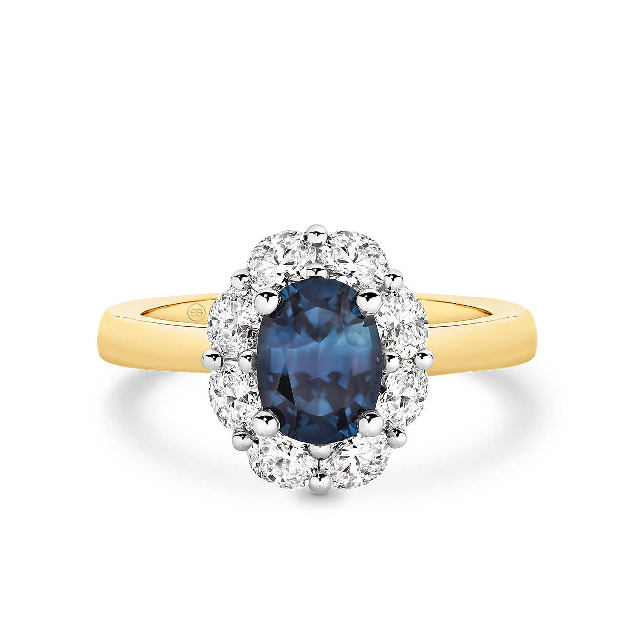 Icon Oval Blue Sapphire and Oval Diamond Cluster Ring In 18K White &#038; Yellow Gold – Small