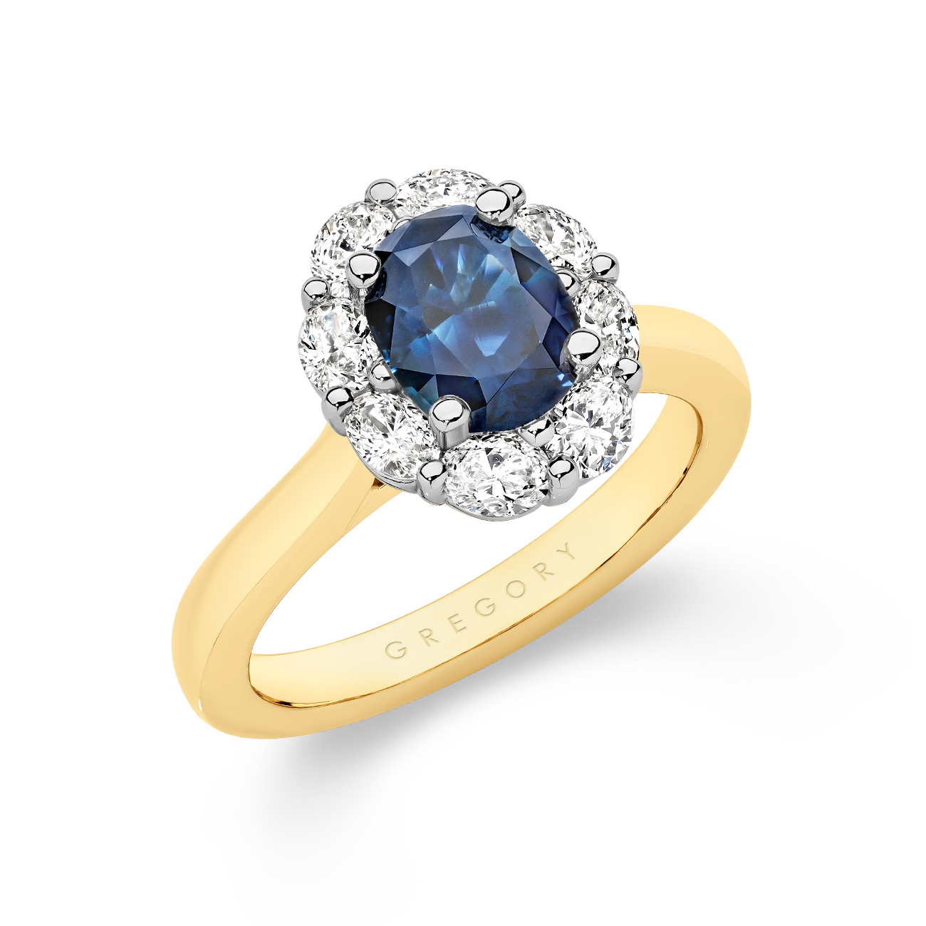 Icon Oval Blue Sapphire and Oval Diamond Cluster Ring In 18K White &#038; Yellow Gold – Small