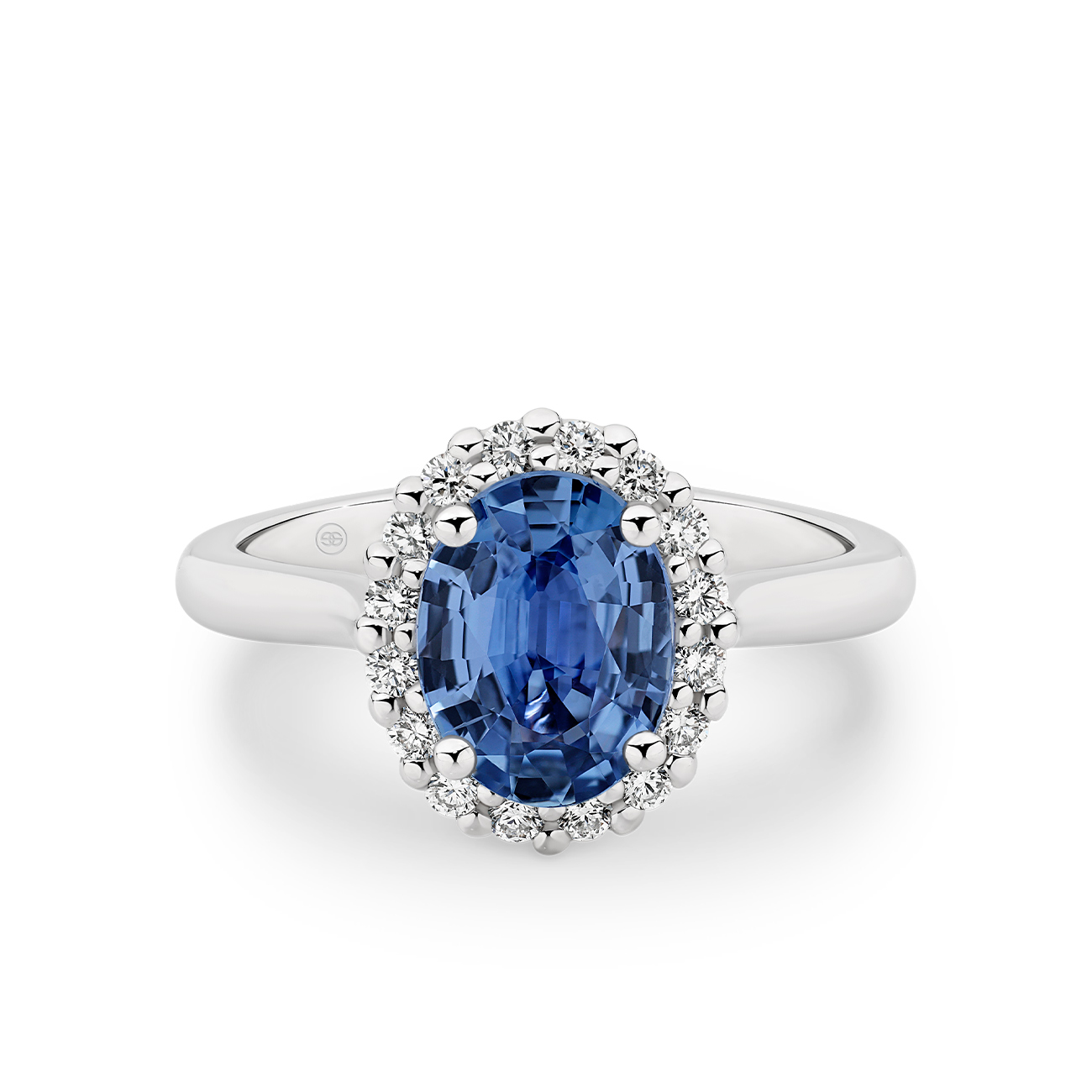 Oval Blue Sapphire and Diamond Halo Ring in 18K White Gold