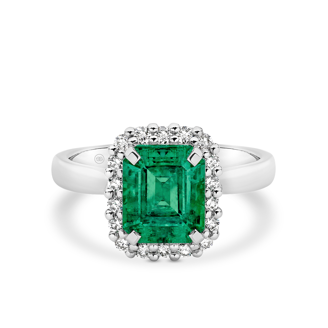 Green Emerald and Diamond Halo Ring In 18K White Gold
