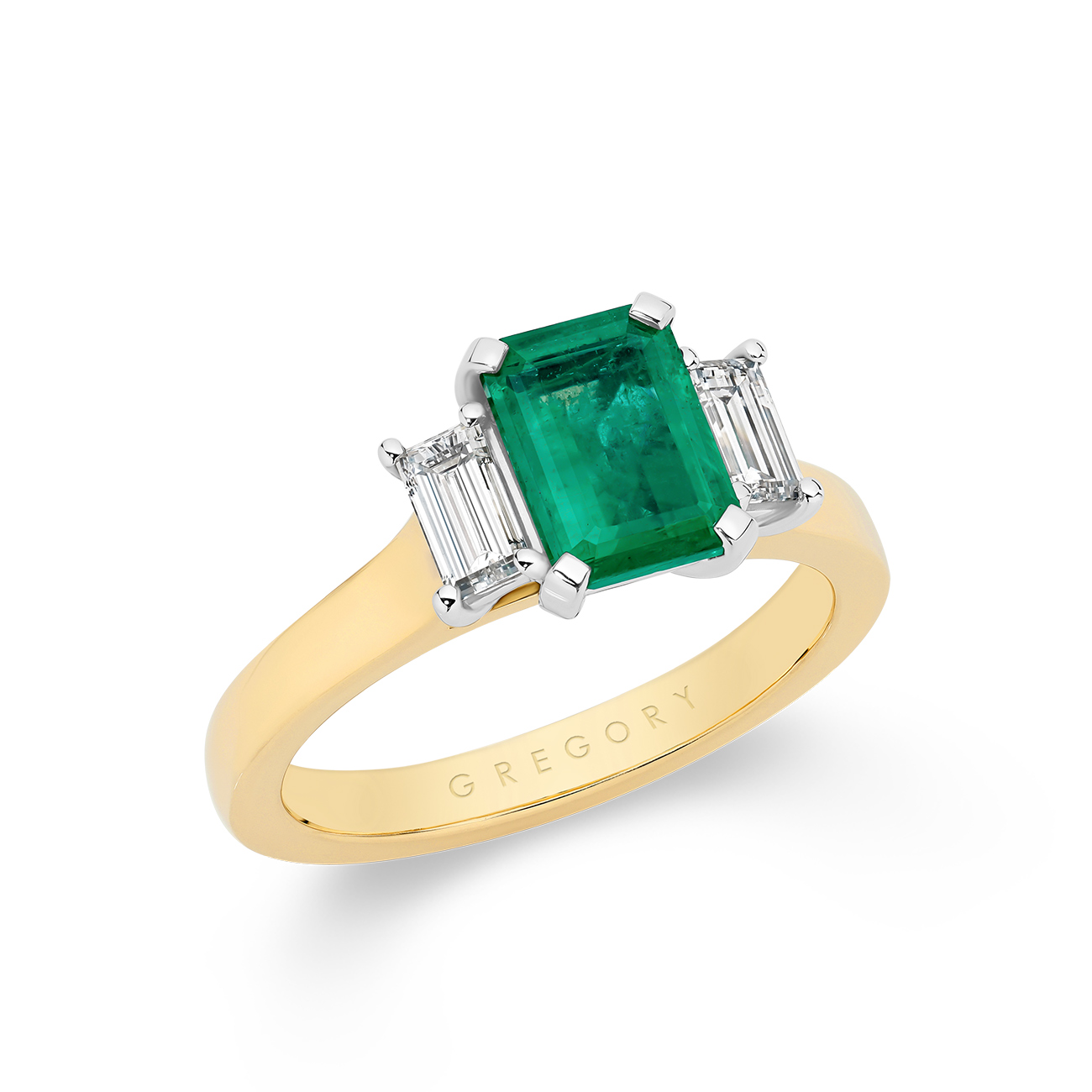 Green Emerald and Diamond Trilogy Ring In 18K Yellow Gold