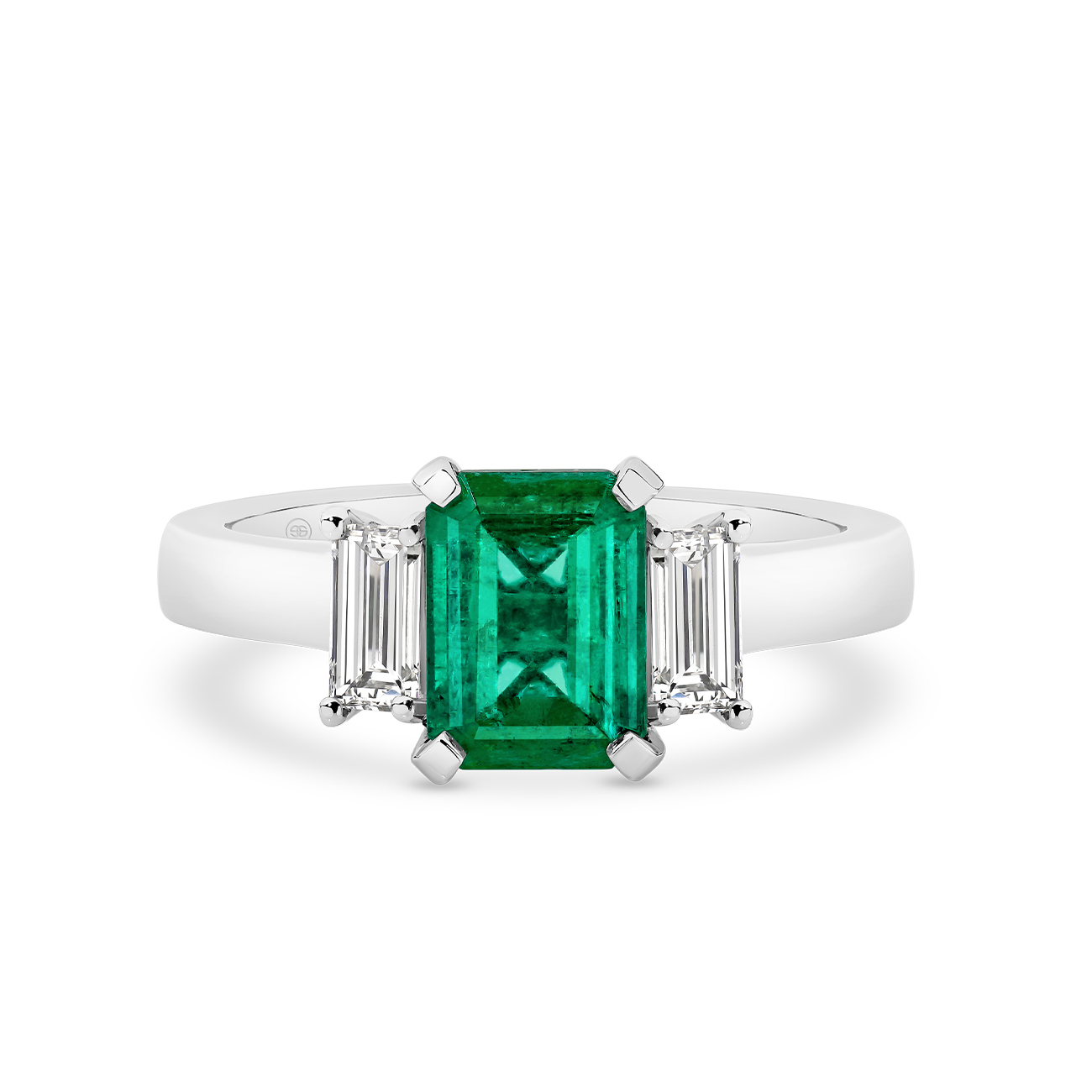Green Emerald and Diamond Trilogy Ring In 18K White Gold