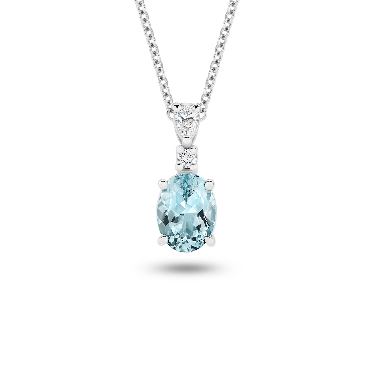 Oval Aquamarine and Diamond Drop Pendant in 18K White Gold