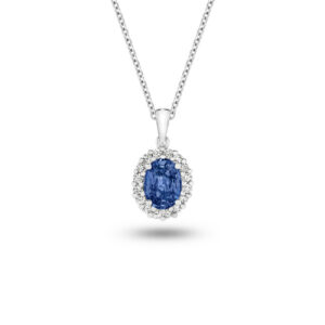 Oval Blue Sapphire and Diamond Halo Pendant in 18K White Gold - L678