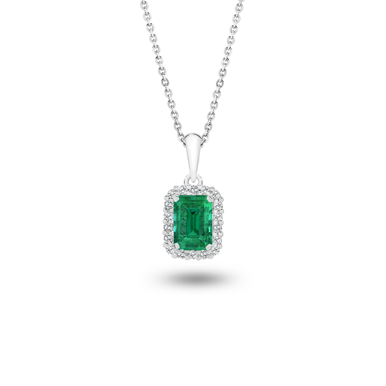 Green Emerald and Diamond Halo Pendant in 18K White Gold