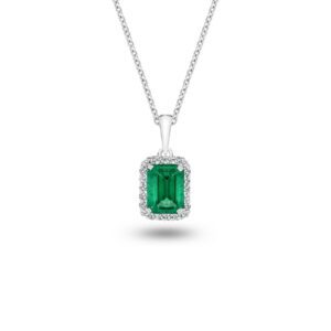 Green Emerald and Diamond Halo Pendant in 18K White Gold - L680