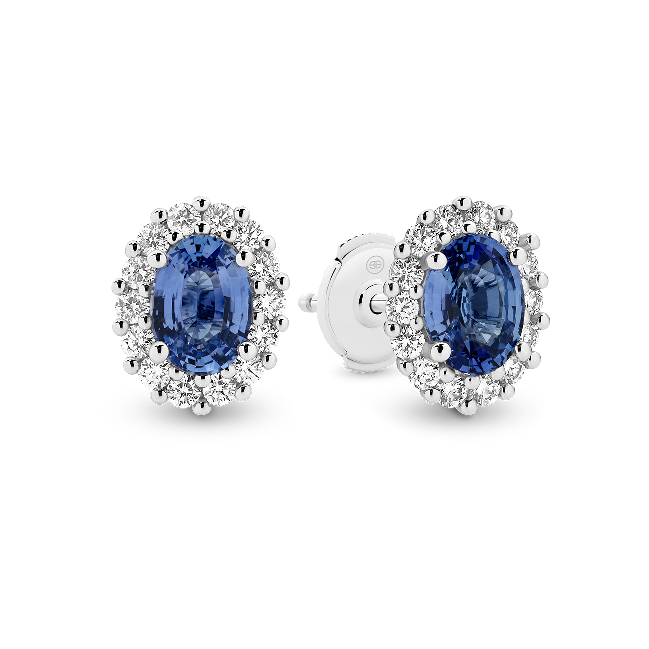 Blue Sapphire and Diamond Oval Halo Stud Earrings in 18K White Gold