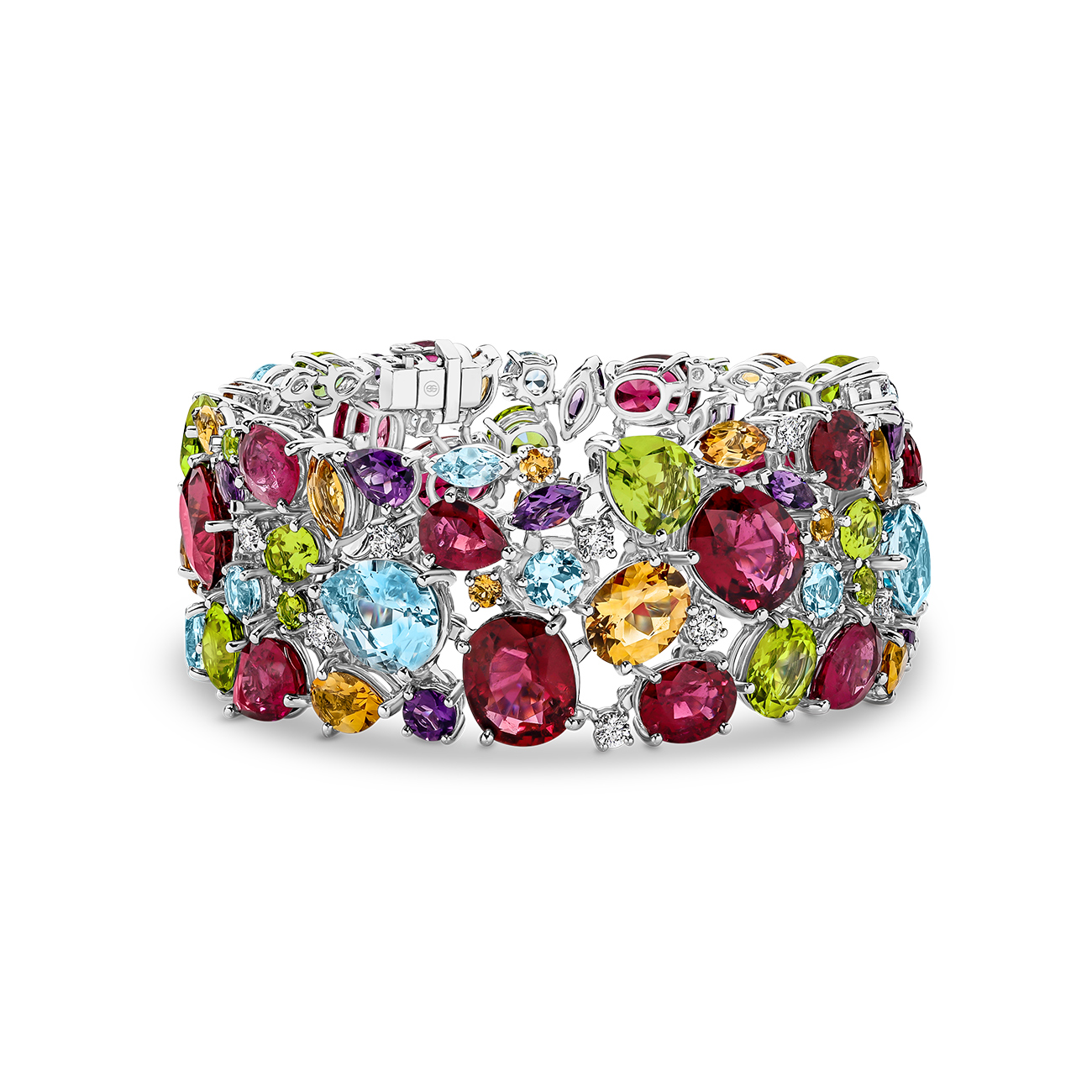 Multi-coloured Gemstone &#038; Diamond Cocktail Bracelet In 18K White Gold