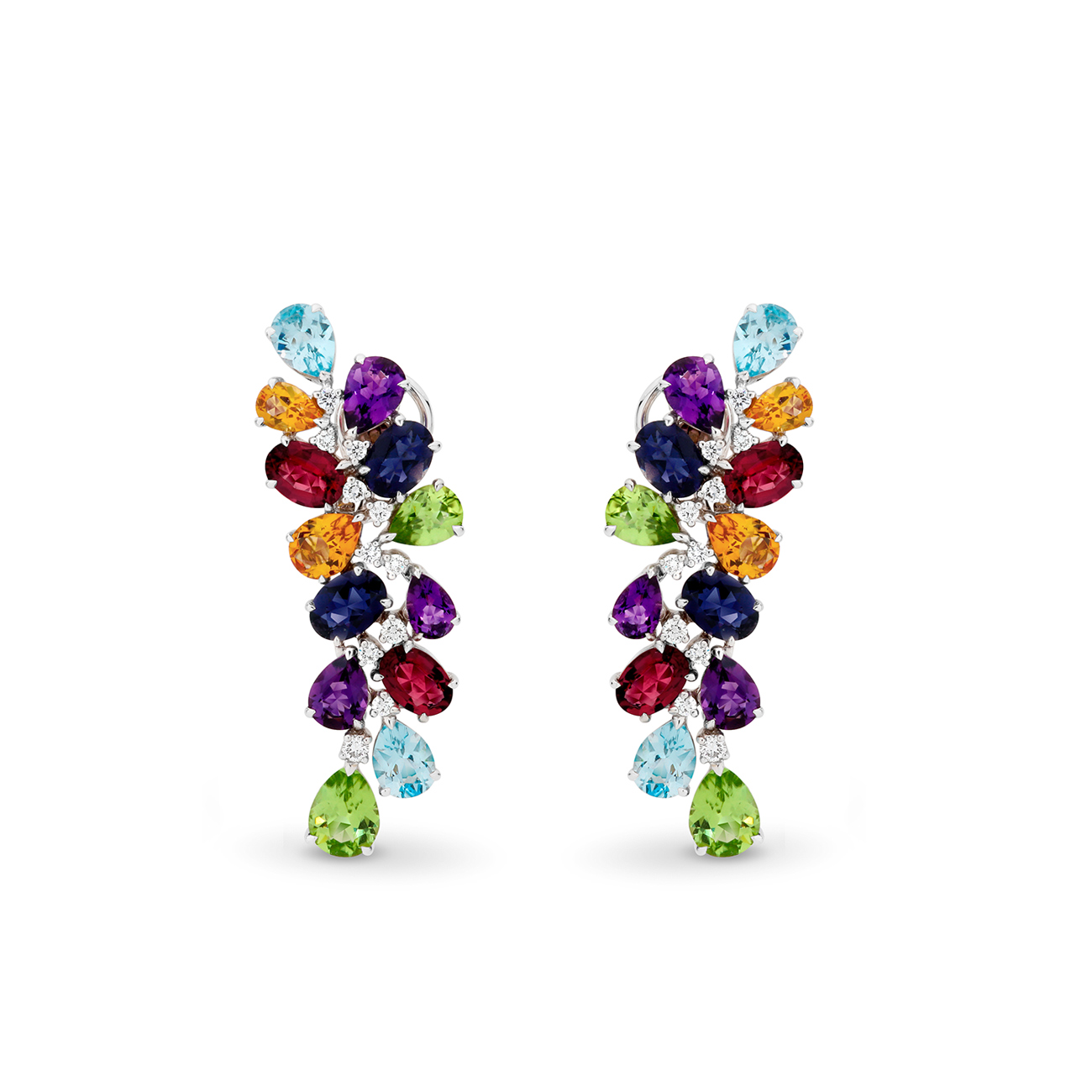 Multi-Coloured Gemstone & Diamond Fancy Curved Cocktail Drop Earrings In 18K White Gold