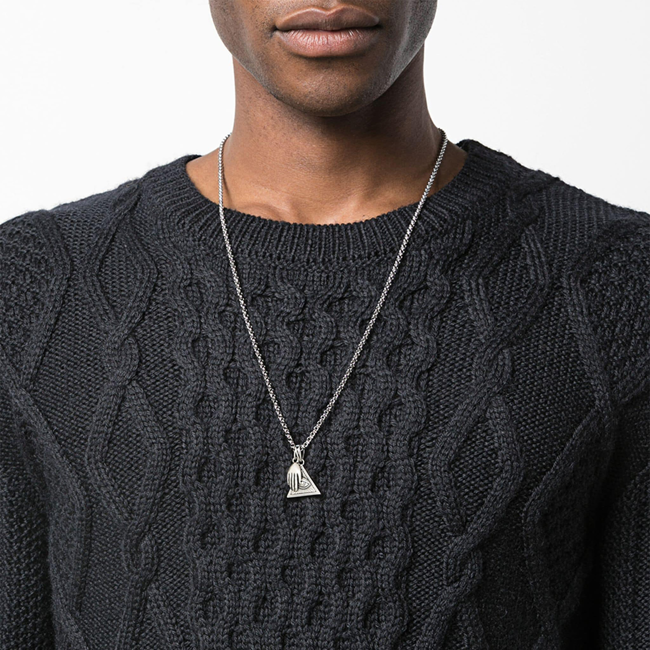 Nialaya Men&#8217;s Silver Necklace with Eye of Ra Triangle and Hamsa Hand Pendant
