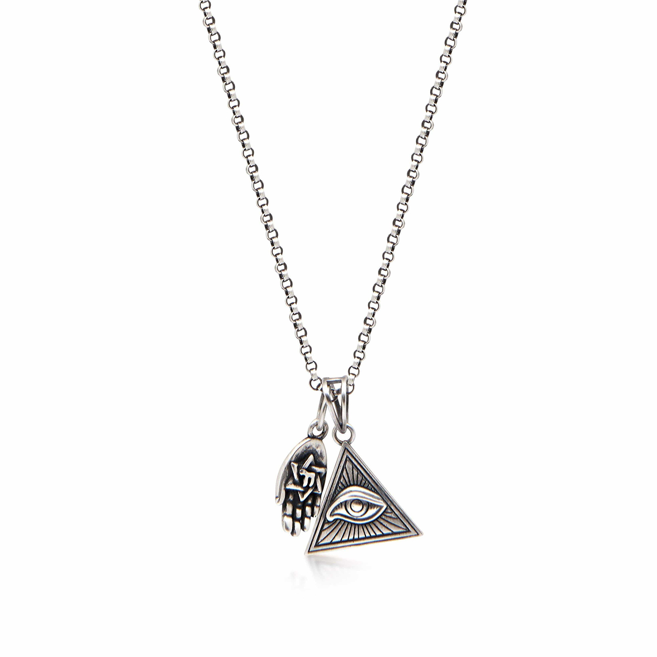 Nialaya Men&#8217;s Silver Necklace with Eye of Ra Triangle and Hamsa Hand Pendant