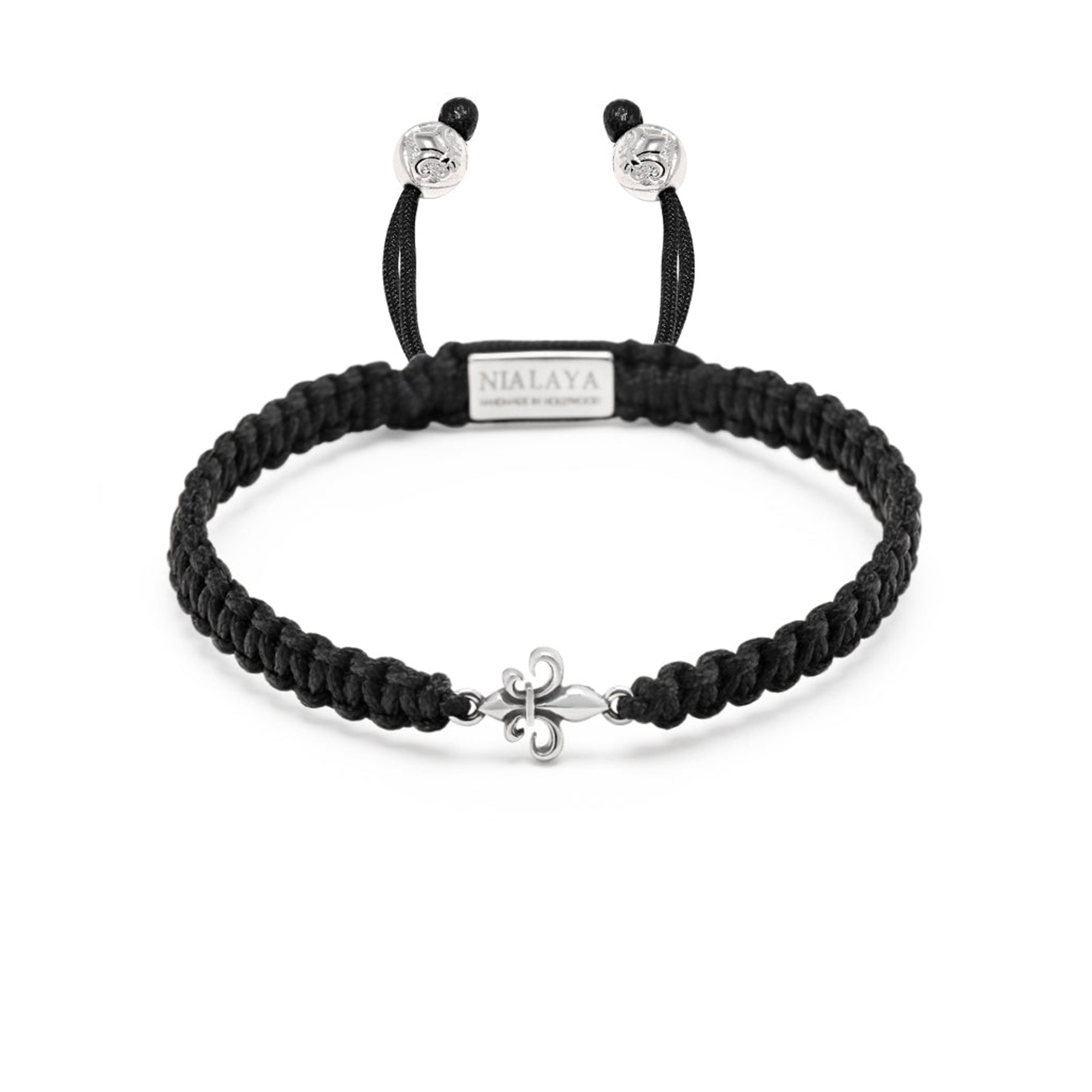 Nialaya Men&#8217;s Black String Bracelet with Silver Fleur De Lis