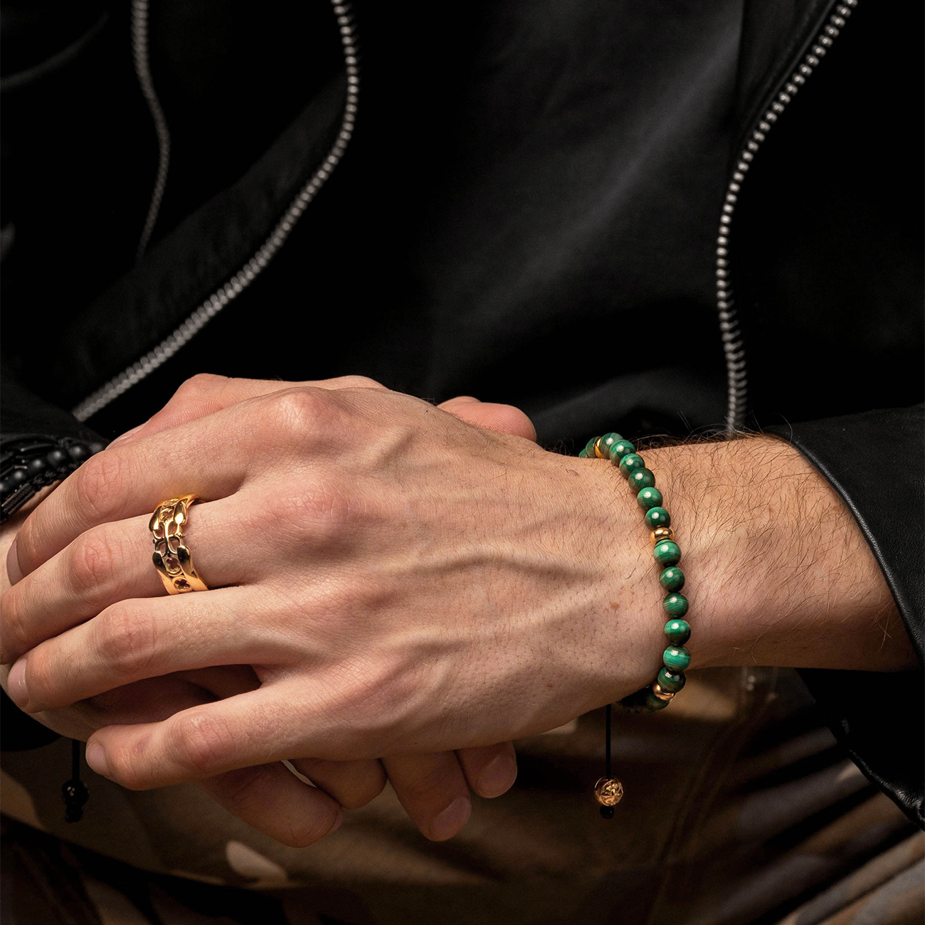 Nialaya Men s Beaded Bracelet with Malachite and Gold